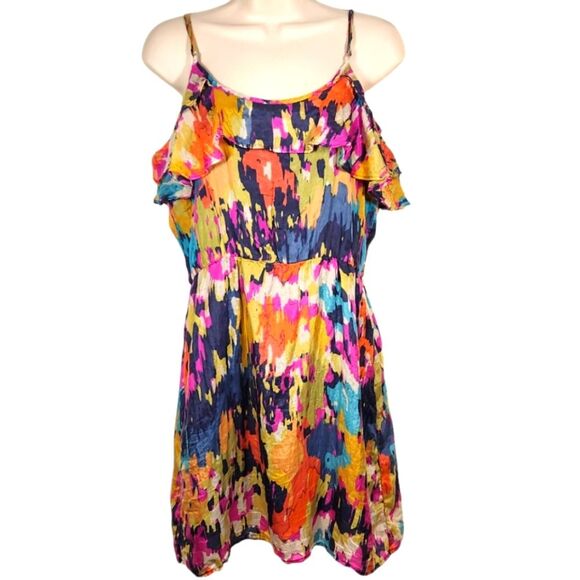 glam Dresses & Skirts - GLAM Silk Dress Short Sleeveless Ruffle Flowy Babydoll Tie Dye Pink Blue‎ Gold M